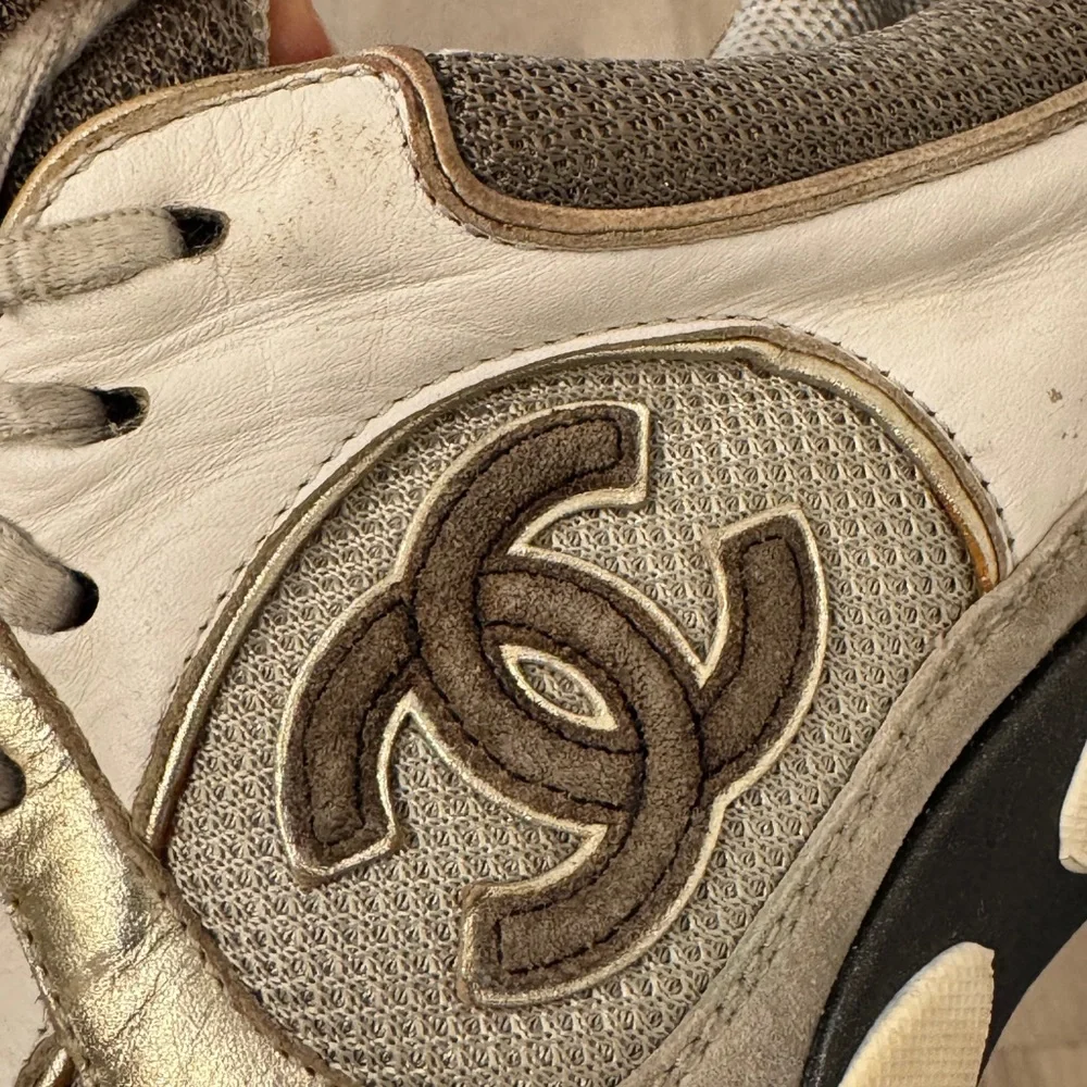 CHANEL Gray and White CC Logo Chunky Athletic Sneakers